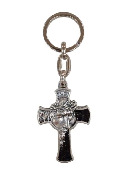 Llavero Metal Cruz Rostro Cristo Esmalte Negro