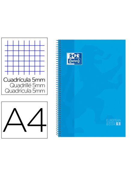 Bloc Espiral Oxford European Book Tapa Extradura Din A4 80 Hojas Cuadricula 5 Mm Color Turquesa