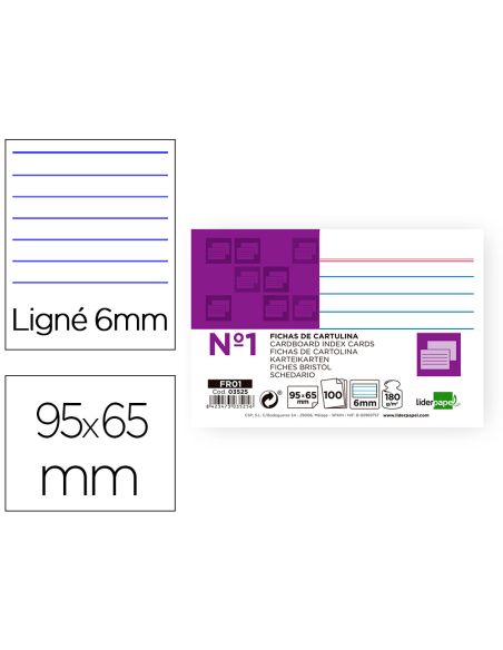 Ficha Liderpapel Rayada Nº1 65X95 Mm 180Gr Paquete De 100 Unidades