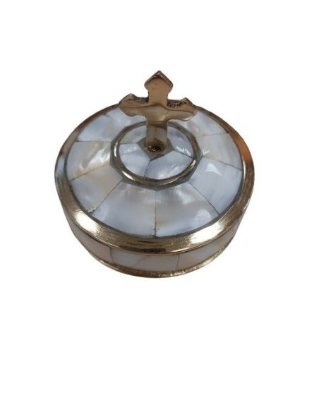 Caja Sagrario Redonda Nácar Con Cruz 7Cm