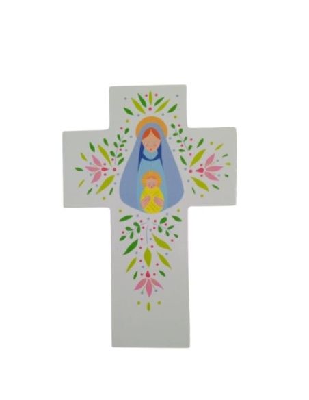 Cruz Blanca Alabanza  Virgen Y Niño  15X10Cm