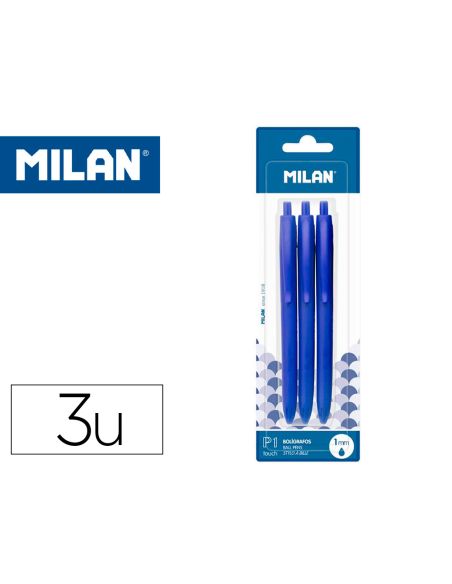 Boligrafo Azul Milan P1 Retractil 1 Mm Touch Blister De 3 Unidades