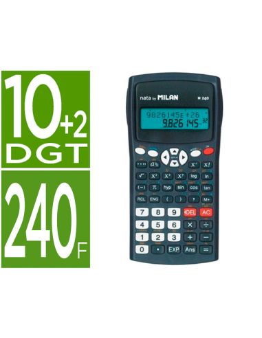 Calculadora Milan Cientifica M240 Black 2 Lineas 240 Funciones 10+2 Digitos Color Negra Con Tapa Color Gris