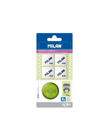 Sacapuntas Milan Spin Plastico 1 Uso + 4 Gomas De Borrar 430