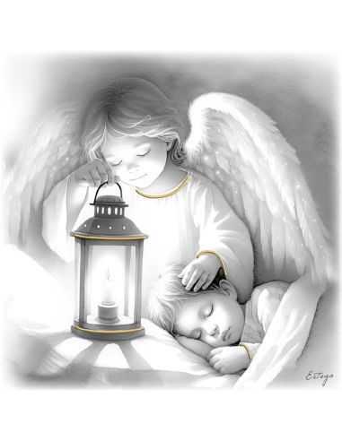 Cuadro Madera Decor.Plata A Mano Angel Farol 18X18Cm