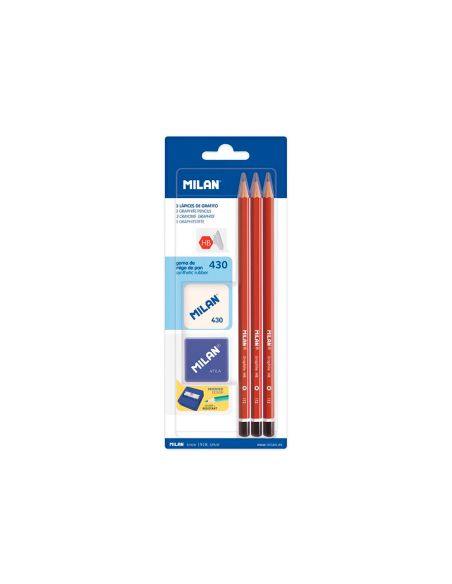 Lapices De Grafito Milan Hexagonal Hb + Goma 430 + Afilalapiz Blister De 3 Unidades
