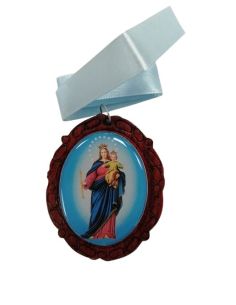 Medalla Cuna Madera Esmaltada  Auxiliadora Lazo Azul