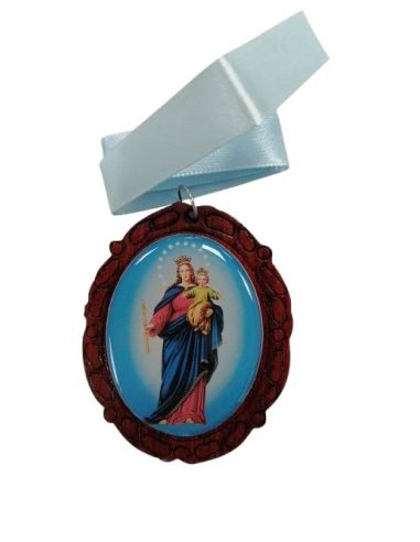 Medalla Cuna Madera Esmaltada  Auxiliadora Lazo Azul