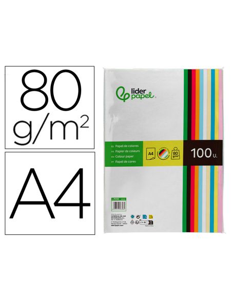 Papel Color Liderpapel A4 80Gr 10 Colores Surtidos Paquete De 100 Hojas