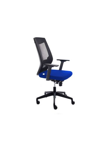 Silla Rocada De Oficina Con Brazos Tapizada En Tela Ignifuga Azul Y Respaldo En Polimero Negro