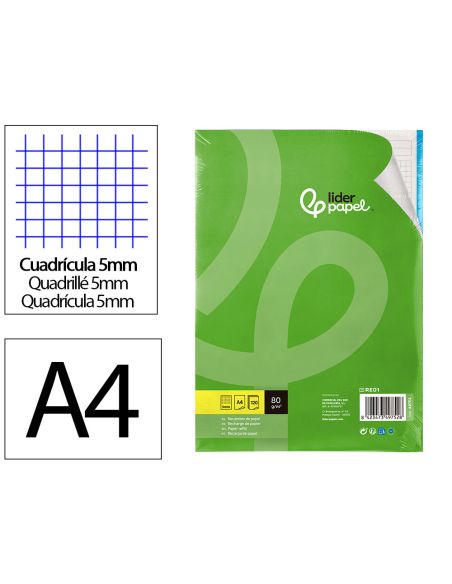 Recambio Liderpapel A4 120 Hojas 80Gr Cuadro 5Mm Sin Ma Rgen 4 Taladros Bandas De 5 Colores
