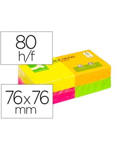 Bloc De Notas Adhesivas Quita Y Pon Q-Connect 76X76 Mm Con 80 Hojas Fluorescentes Pack De 12 Surtidas En 4 Colores
