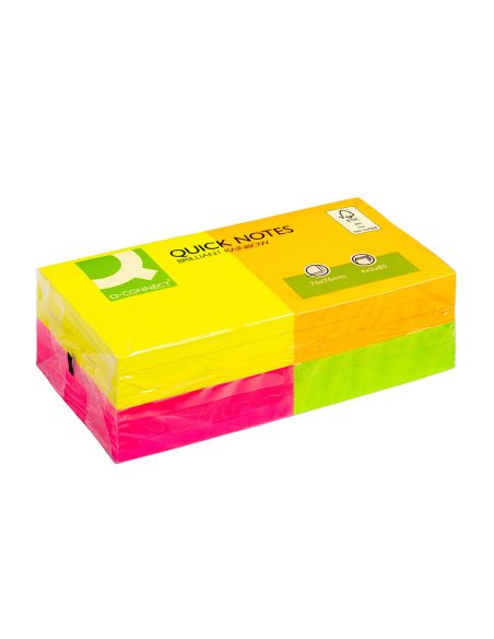 Bloc De Notas Adhesivas Quita Y Pon Q-Connect 76X76 Mm Con 80 Hojas Fluorescentes Pack De 12 Surtidas En 4 Colores