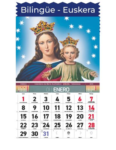 Calendario Faldilla María Auxiliadora Bilingüe Castellano-Euskera 12 Meses 2026