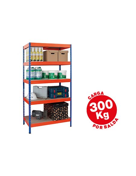 Estanteria Metalica Ar Storage 192X100X50Cm 5 Estantes 300Kg Por Estante Bandejas De Madera Sin Tornillos Azul/Naranja
