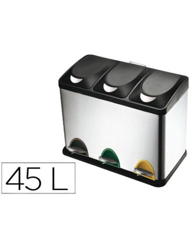 Papelera Contenedor Q-Connect Metalica Con Tapadera De Plastico Y Pedal 3 Depositos 45L 605X340X485 Mm