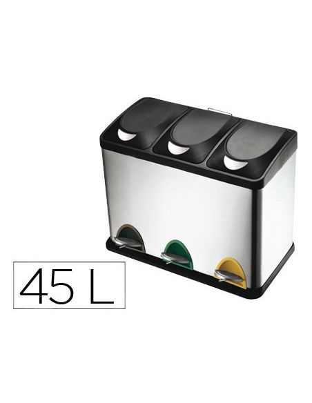 Papelera Contenedor Q-Connect Metalica Con Tapadera De Plastico Y Pedal 3 Depositos 45L 605X340X485 Mm