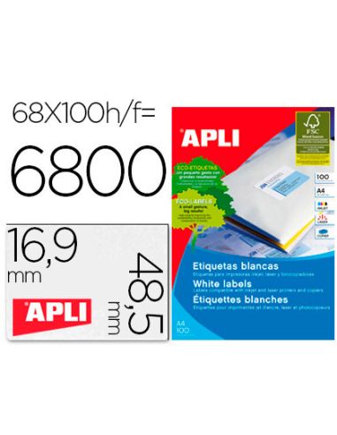 Etiquetas Adhesivas Apli 01282 Tamaño 48,5X16,9 Mm Para Fotocopiadora Laser Ink-Jet Caja De 100H Dina4 6800 Etiqu