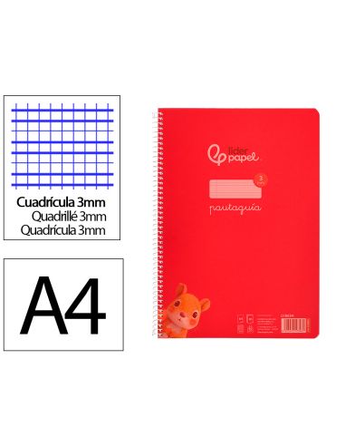 Cuaderno Espiral Liderpapel A4 Pautaguia Tapa Plastico 80H 90Gr Cuadro Pautado 3Mm Con Margen Color Rojo