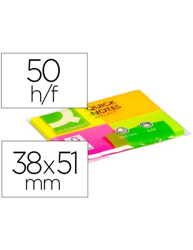 Bloc De Notas Adhesivas Quita Y Pon Q-Connect 38X51 Mm Con 50 Hojas Fluorescentes Pack De 4 Unidades