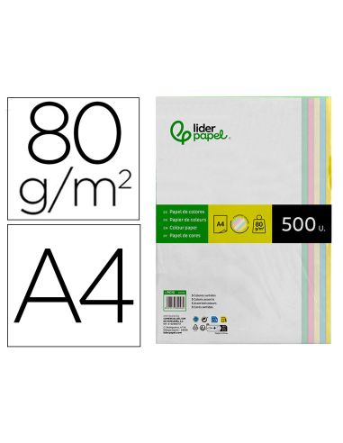 Papel Color Liderpapel A4 80Gr 5 Colores Surtidos Paquete De 500 Hojas
