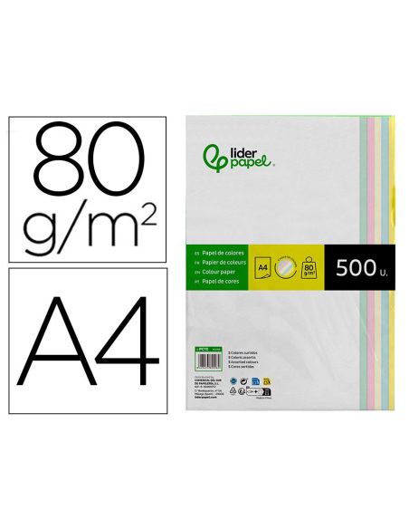 Papel Color Liderpapel A4 80Gr 5 Colores Surtidos Paquete De 500 Hojas