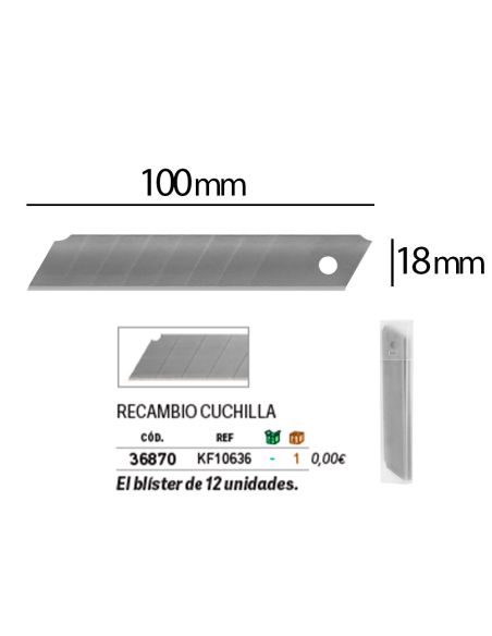 Repuesto Cuter Q-Connect Ancho Para Modelos Kf10632/Kf10635/Kf10937/Kf10634 Cuchilla 18 Mm Blister 12 Unidades