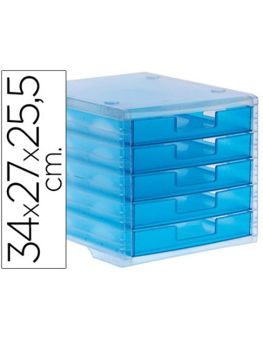 Fichero Cajones De Sobremesa Archivo 2000 340X270X260 Mm Apilables 5 Cajones Azul Mar Translucido