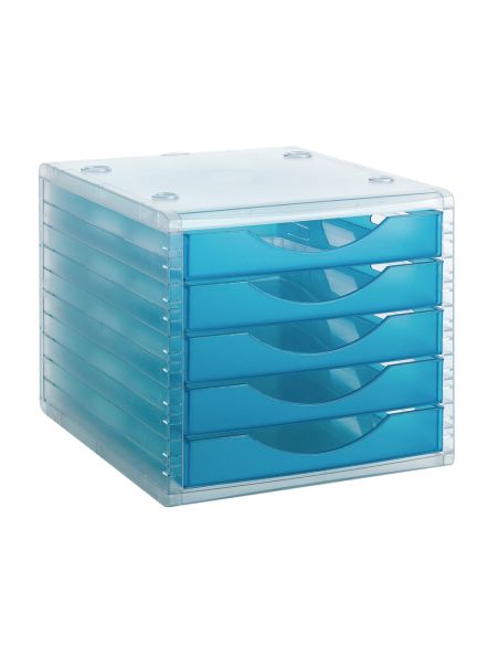 Fichero Cajones De Sobremesa Archivo 2000 340X270X260 Mm Apilables 5 Cajones Azul Mar Translucido