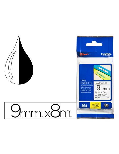 Cinta Brother Tze221 Blanco-Negro 9Mm Longitud 8 Mt