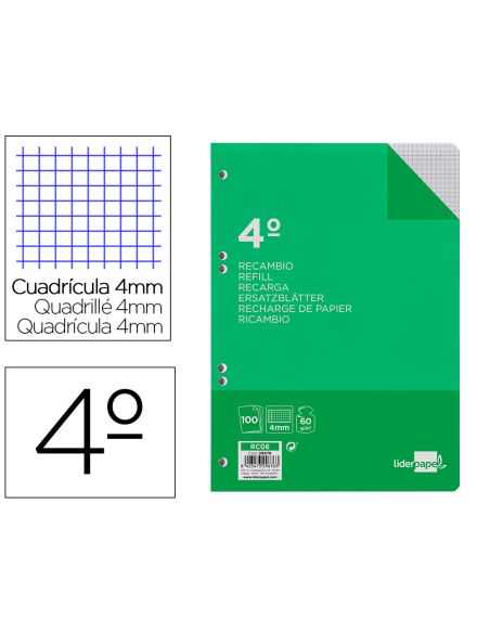 Recambio Liderpapel Cuarto 100 Hojas 60Gr Cuadro 4Mm Con Margen 6 Taladros