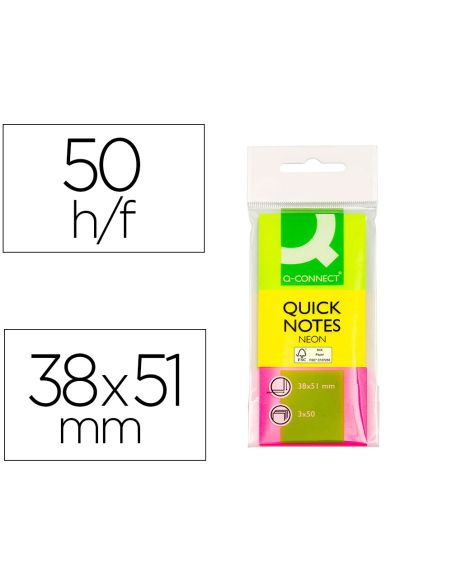 Bloc De Notas Adhesivas Quita Y Pon Q-Connect 38X51 Mm Neon Pack De 3 Unidades Con 50 Hojas Por Color