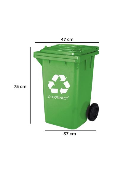 Papelera Contenedor Q-Connect Plastico Verde Para Envases De Vidrio 100L Con Tapa Y Ruedas 750X470X370 Mm