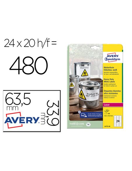 Etiqueta Adhesiva Resistente Avery Poliester Blanco 3,9 Mm 63,5X33,9 Mm Laser Pack De 480Unidades
