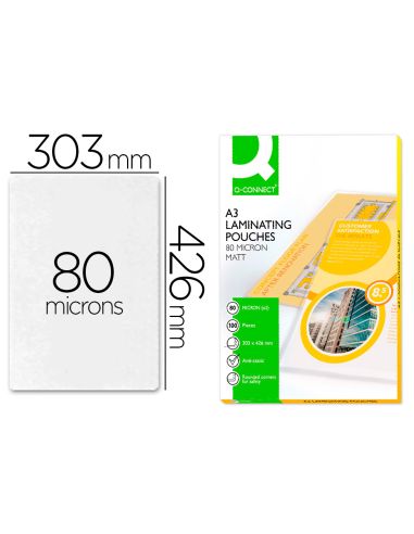 Bolsa De Plastificar Q-Connect 303 X 426 Mm 80 Mc Din A3 Mate Caja De 100 Unidades