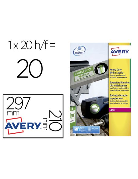 Etiqueta Adhesiva Avery Poliester Blanca 210X297 Mm Resistente Laser Pack De 20 Unidades