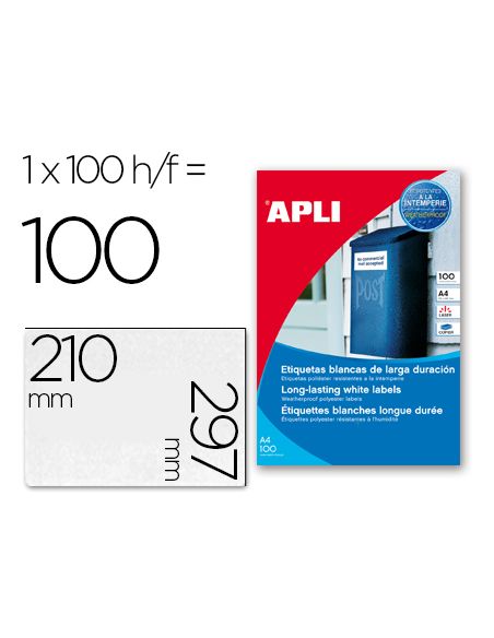 Etiqueta Adhesiva Apli Poliester 210X297 Mm Resistente A La Interperie Laser Pack De 100 Hojas
