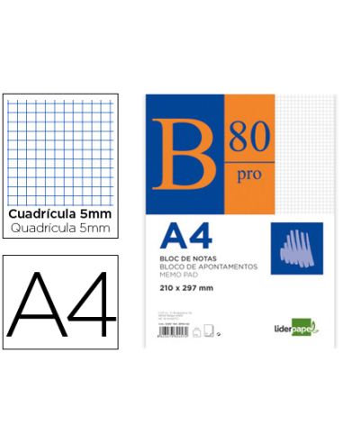 Bloc Notas Liderpapel Cuadro 5Mm A4 80 Hojas 60G/M2 Encolado 4 Taladros Doble Margen