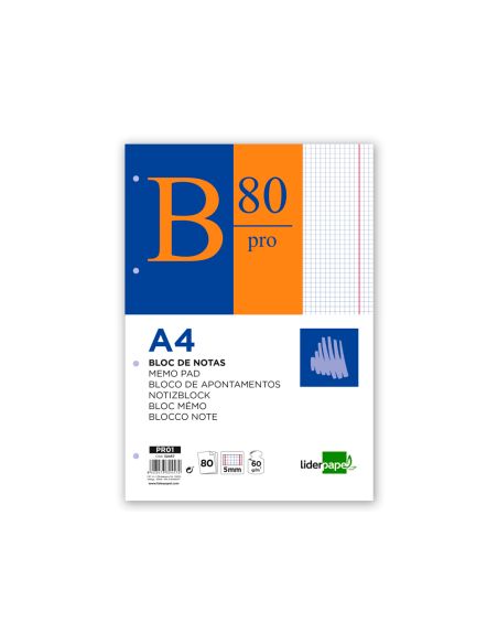 Bloc Notas Liderpapel Cuadro 5Mm A4 80 Hojas 60G/M2 Encolado 4 Taladros Doble Margen