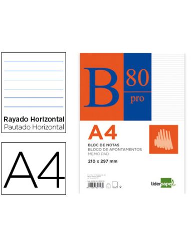 Bloc Notas Liderpapel Horizontal A4 80 Hojas 60G/M2 Encolado 4 Taladros Doble Margen Azul