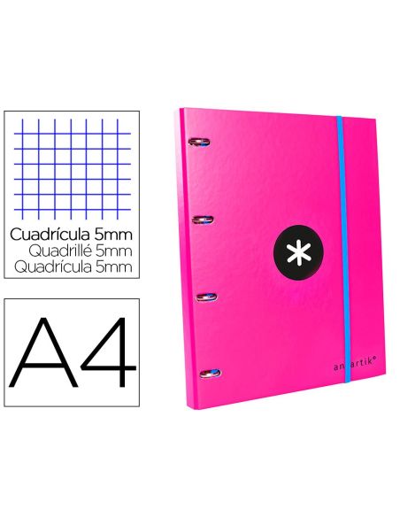 Carpeta Con Recambio Antartik A4 Cuadro 5Mm Forrada 4 Anillas 25Mm Redondas Color Rosa|Libreriasalesiana