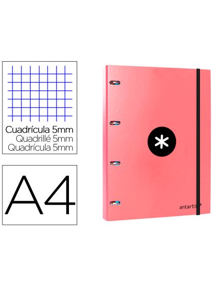 Carpeta Con Recambio Antartik A4 Cuadro 5Mm Forrada 4 Anillas 25Mm Redondas Color Coral