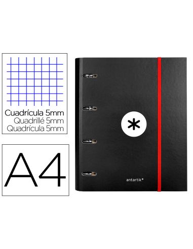 Carpeta Con Recambio Antartik A4 Cuadro 5Mm Forrada 4 Anillas 40Mm Redondas Con Solapa Color Negro