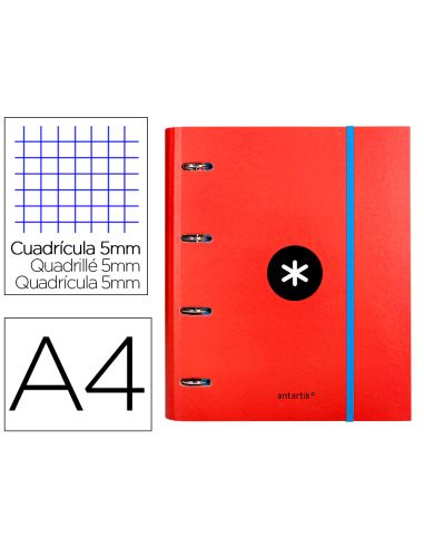 Carpeta Con Recambio Antartik A4 Cuadro 5Mm Forrada 4 Anillas 40Mm Redondas Con Solapa Color Rojo