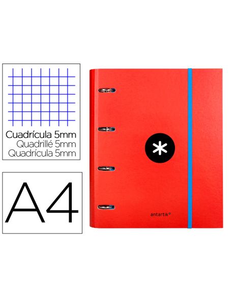 Carpeta Con Recambio Antartik A4 Cuadro 5Mm Forrada 4 Anillas 40Mm Redondas Con Solapa Color Rojo