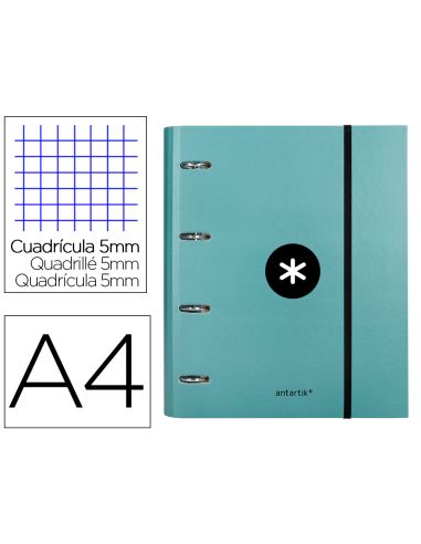 Carpeta Con Recambio Antartik A4 Cuadro 5Mm Forrada 4 Anillas 40Mm Redondas Con Solapa Color Menta