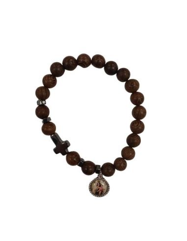 Pulsera Madera Marron Con Cruz Hematite V. Del Carmen