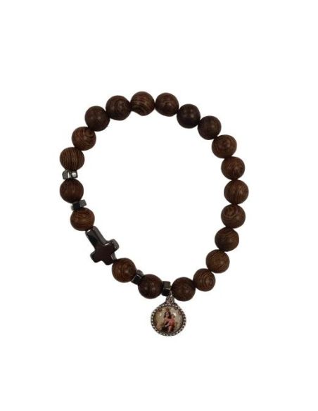 Pulsera Madera Marron Con Cruz Hematite V. Del Carmen