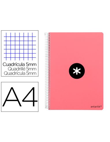 Cuaderno Espiral Antartik A4 Micro Tapa Dura 80 H 100 Gr Cuadro 5Mm Sin Bandas 4 Taladros Color Coral