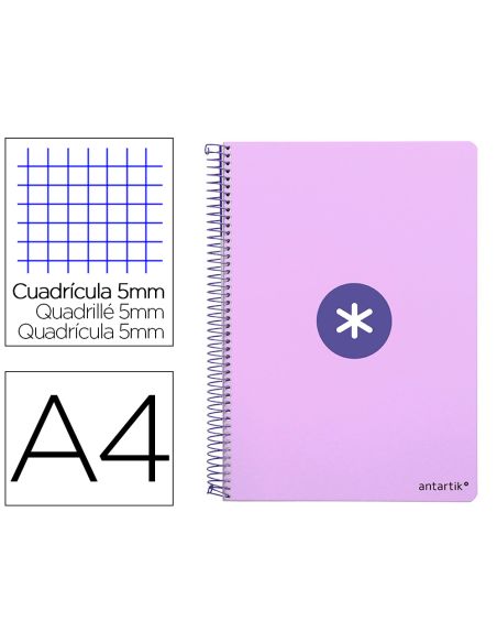 Cuaderno Espiral Antartik A4 Micro Tapa Dura 80H 100 Gr Cuadro 5 Mm Sin Bandas 4 Taladros Color Lavanda